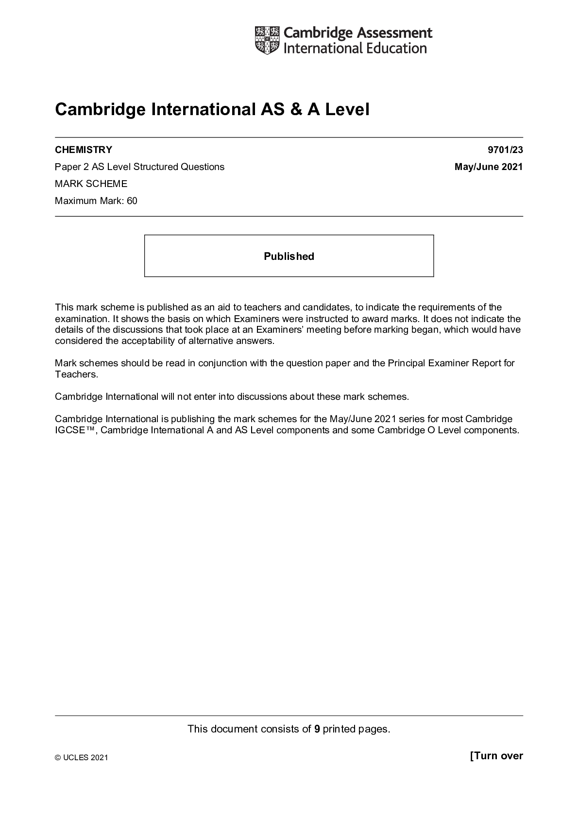 Preview image for Cambridge International AS & A Level_Chemistry_9701/23 Mark Scheme_May/June 2021 | Paper 2 AS Level Structured Questions